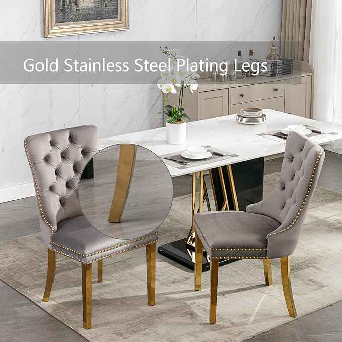Gray Velvet Dining Chairs Set of 4, Upholstered Dining Room Chairs with Back Ring Pull Trim and Golden Stainless Steel Legs,Modern Kitchen Chairs for Dining Room,Living Room,Kitchen(Grey)