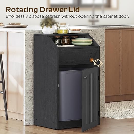 YATINEY Trash Cabinet, Freestanding Trash Can Cabinet, Wooden Recycling with Flip Door, 10 Gallon Hidden Kitchen Garbage Can for Kitchen, Living Room, Black WB01BB