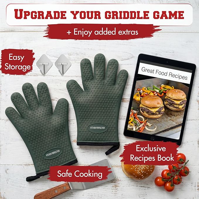 KITCHEN PERFECTION Silicone Oven & Griddle Gloves -Extreme Heat Resistant BBQ & Grilling Gloves -Handle Hot Food Right on Your Griddle |Waterproof Oven Mitts Grill Gloves |Superior Set+3 Bonuses