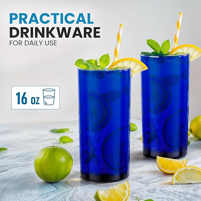 Zulay Kitchen Plastic Drinking Glasses (Set of 6) – 16oz Acrylic Shatterproof Water Cups for Home, Kitchen & Outdoors – Cobalt Blue Glass Look – BPA & Lead-Free – Top-Rack Dishwasher Safe