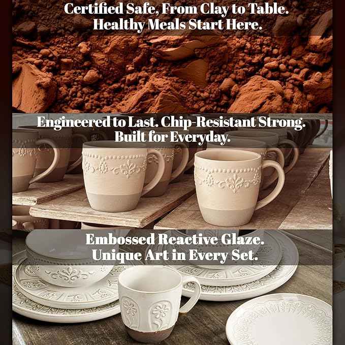 Artena Plates And Bowls Sets, 16 Pieces Dinnerware Sets, Dish Set For 4, Ceramic Kitchen Bowl And Plate Set, Embossed White Dishware Sets, Dishwasher & Microwave Safe (Multiple Patterns) (With Mugs)