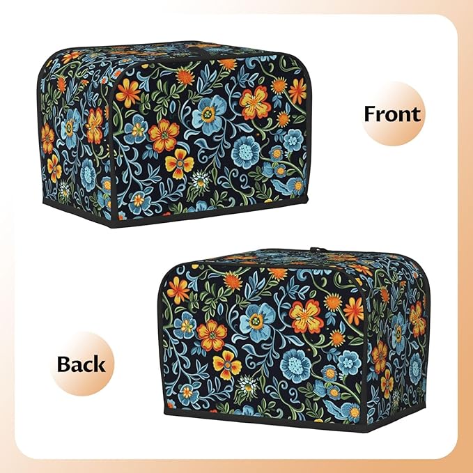 Blue Floral Toaster Cover 2 Slice, Cute Rural Bread Machine Cover, Washable Dust-Proof Cover for Kitchen Small Appliance Cover,with Top Handle