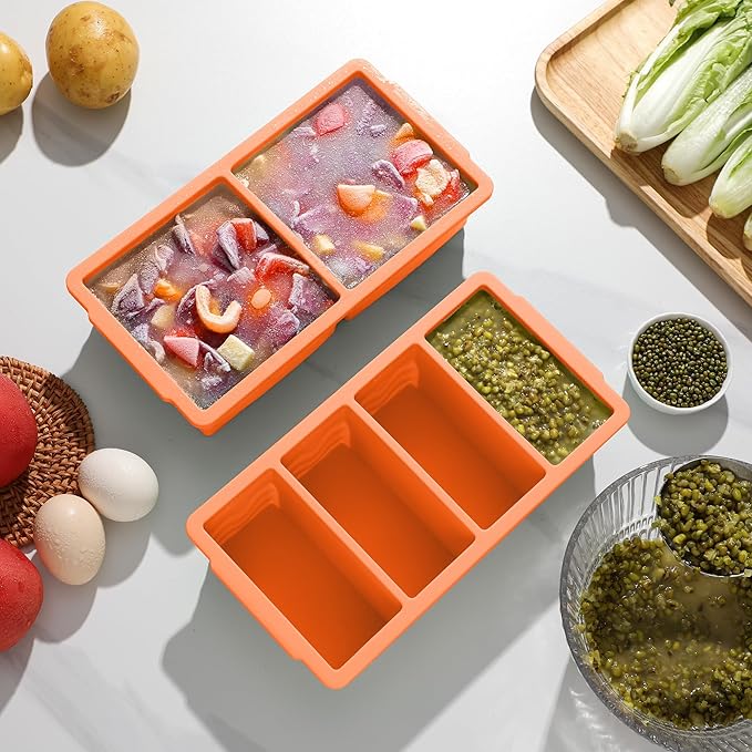 Silicone Freezer Molds for Soup with Lid, 1-Cup & 2-Cup Large Ice Cube Trays Food Storage Containers for Meal Prep, Freeze 500mL/250mL/125mL Portions – 2 Pack