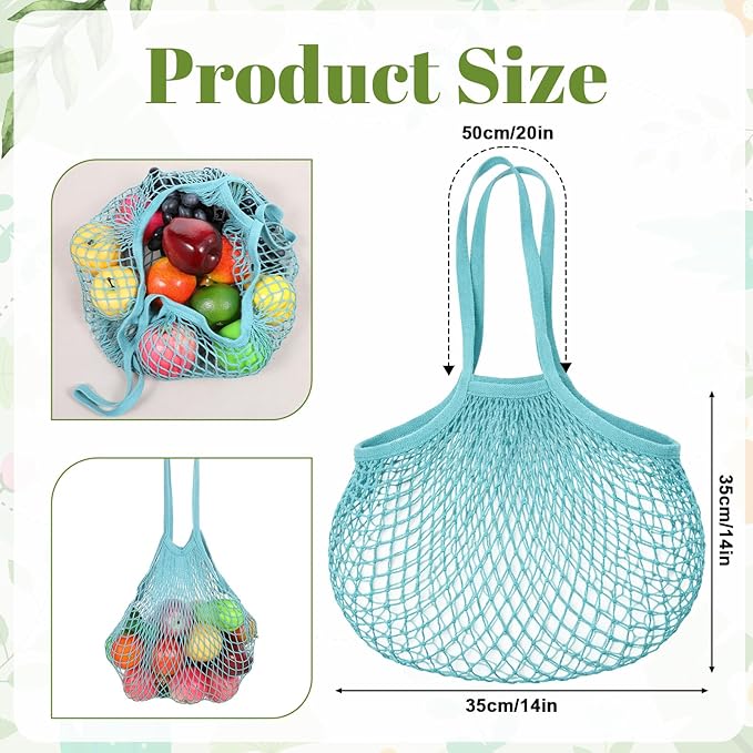 Thinp 2 Pcs Cotton Mesh Produce Bags, Reusable Mesh Grocery Bag with Long Handle Net Tote Cotton String Shopping Bag for Fruit Vegetables Market Shopping