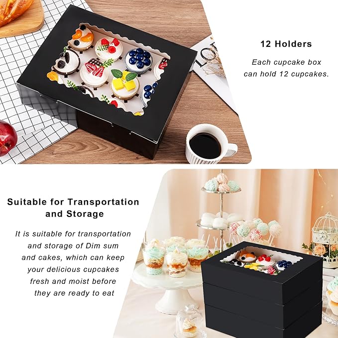 Hoewina 6PCS Cupcake Boxes - Hold 12 Count Cupcake Containers with Window, Food Grade Cupcake Holder Easy Transport and Presentation - Ideal for Cupcakes, Desserts, and More (Black)