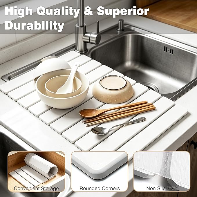 24"x16" Diatomaceous Earth Dish Drying Mat - Quick Dry Stone Pad, Collapsible White Mat with 10-Leaf Design for Granite Counters, Dishes, Cups & Bottles