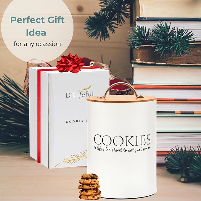 D'Lifeful Cookie Jar with Airtight Bamboo Lid – 1.1 Gallon Cute and Decorative Cookie Storage for Kitchen Countertop – Farmhouse Storage Tin for Freshness – Great Gift Idea (Off White)