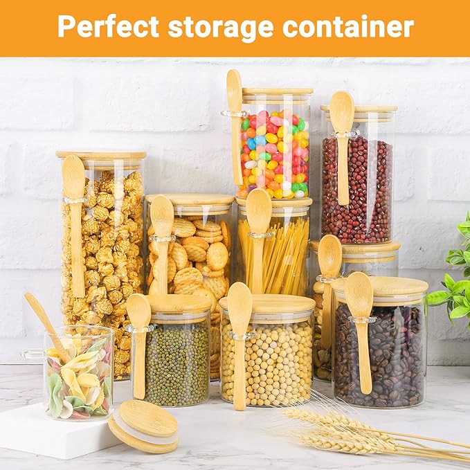 Glass Jars with Bamboo Lids - 2 Pack 20 Fl.oz Round Glass Jar with Airtight Lid and Spoon, Kitchen Pantry Storage Canister for Overnight Oats, Spice, Coffee, Brown Sugar, Loose Tea, Candy