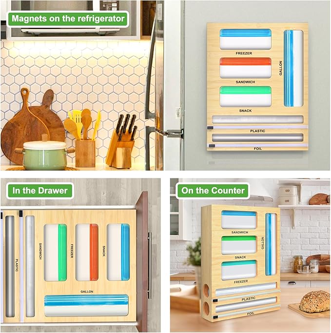 Magnetic Food Bag Storage Organizer for Drawer or Refrigerator, Compatible with Gallon,Quart, Sandwich, Snack & Variety Size Bags