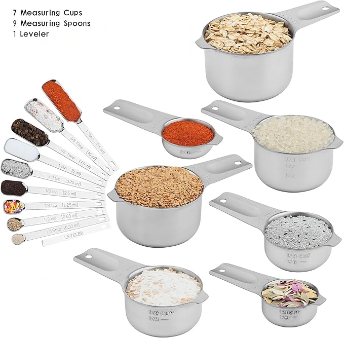 Measuring Cups and Spoons Set 17, 18/8 Stainless Steel Measuring Cup and Spoons Set for Dry & Liquid, Metric & US Metal Measuring Tools &Leveler &Equivalents for Baking & Kitchen