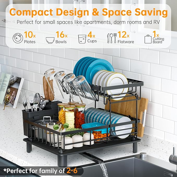 Dish Drying Rack, 2 Tier Dish Racks for Kitchen Counter, Compact Drying Rack Kitchen, Rust-Resistant Dish Drainer, Detachable Space-Saving Dish Rack with Drainboard, Utensil Holder, Black