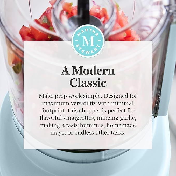 Martha Stewart 3 Cup Electric Food Chopper, Vegetable & Herb Mini Food Processor, 24oz BPA-Free Bowl, Stainless Steel Blades, Pour Spout, Dicing, Mincing, Chop & Puree, Dishwasher Safe, Sky