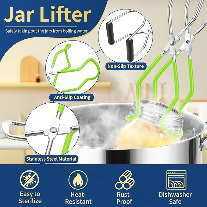Canning Supplies Starter Kit,Canning Kit for Beginners of 9 with Jar Lifter，Wide Mouth Funnel,Wrench,Tongs,Lid Lifter,Bubble Popper,Canning Labels,ladle,Measuring spoon-Neon Green