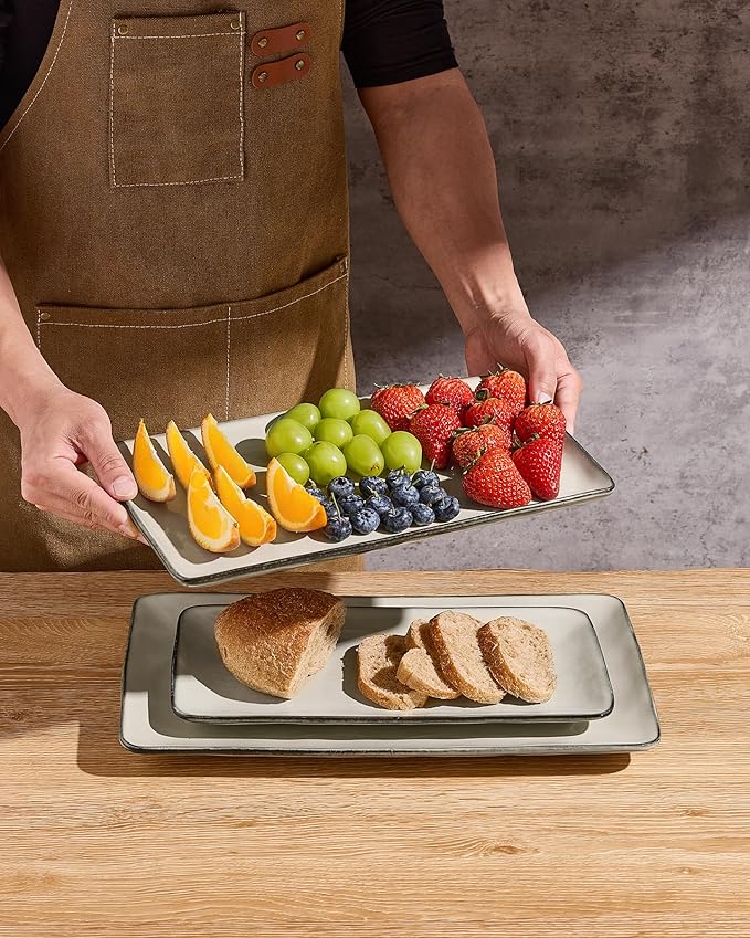 famiware Serving Platter, Rectangular 15.67/14.1/12.6inch Serving Dishes for Entertaining, Dishwasher Safe, Stoneware Serving Trays for Party, Food, Turkey, Snack, Cheese, Reactive Glaze, Light Khaki