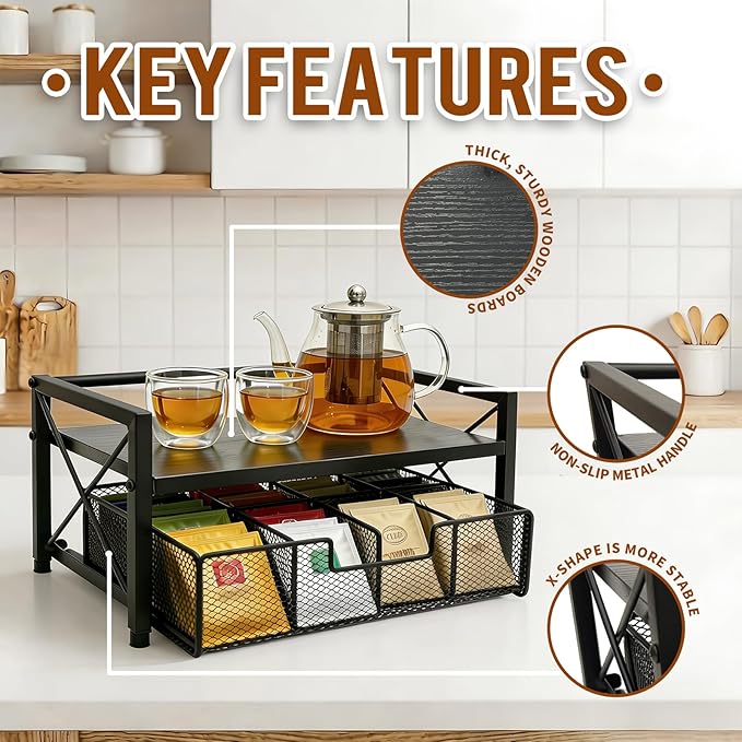 Tea Bag Organizer With Adjustable Drawer, Teabag Bar Holder Organizer For Counter, Wood ＆ Metal Station Storage Chest Display, Coffee Packet Containers Box For Countertop Kitchen Office Black