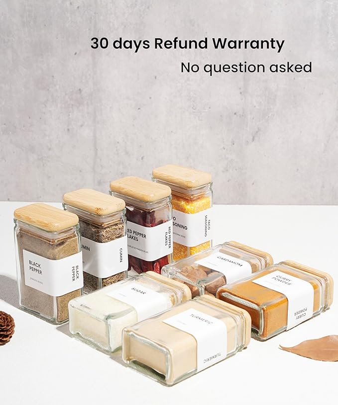APT 1101 Glass Storage Jars with Bamboo Lid, glass canisters with airtight lids, Clear jars with lids for Spice, Cookie, Candy, Tea, Coffee Bean and Rice (White, Spice Jar Set (4 oz, set of 12))