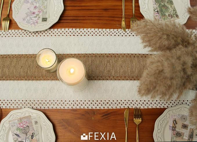 FEXIA Boho Table Runner for Thanksgiving Home Decor with Tassels 36 Inches Long Farmhouse Rustic Table Runner Cream & Brown Macrame for Boho Dining Bedroom Decor Rustic Bridal Shower (12x36 Inches)