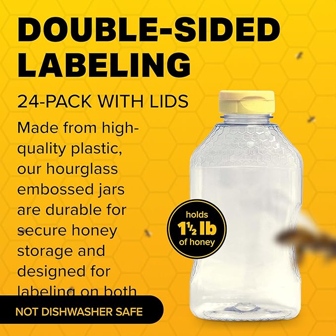 Mann Lake Refillable Hourglass Honey Jars | 1.5 lb Plastic Containers with Yellow Flip-Top Lids | Empty Bottles for Honey Storage & Dispensing | 24-Pack (Honey Not Included)
