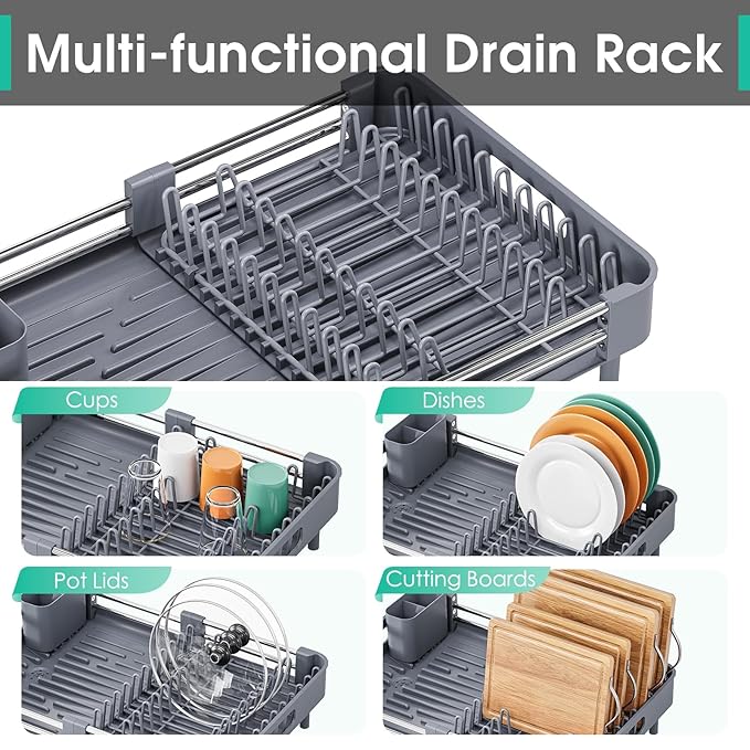 TOOLF Dish Drying Rack, Expandable Dish Rack for Kitchen Counter, Anti-Rust Dish Drainer, Sink Organization and Storage Essentials with Cutlery & Cup Holder, Gray