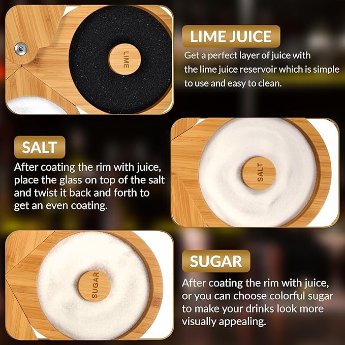 Margarita Salt Rimmer Set, 3 Tier Bamboo Rimmer for Glass Rims, Salt|Sugar|Lime Seasoning for Bloody Mary, Manhattan Tequila Cocktail Drink Accessories for Bartender/Bar (Bamboo Wood With Sponges)