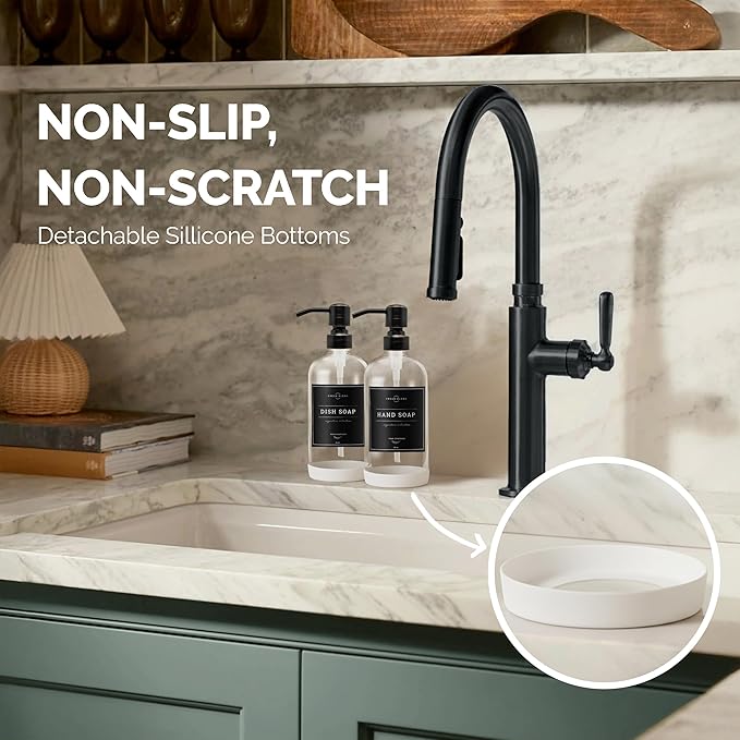 Vine Creations Clear Glass Soap Dispenser, 2 Pack Kitchen Soap Dispenser Set with Stainless Steel Pump, 16 oz Dish Soap and Hand Soap Dispensers for Bathroom with Waterproof Labels