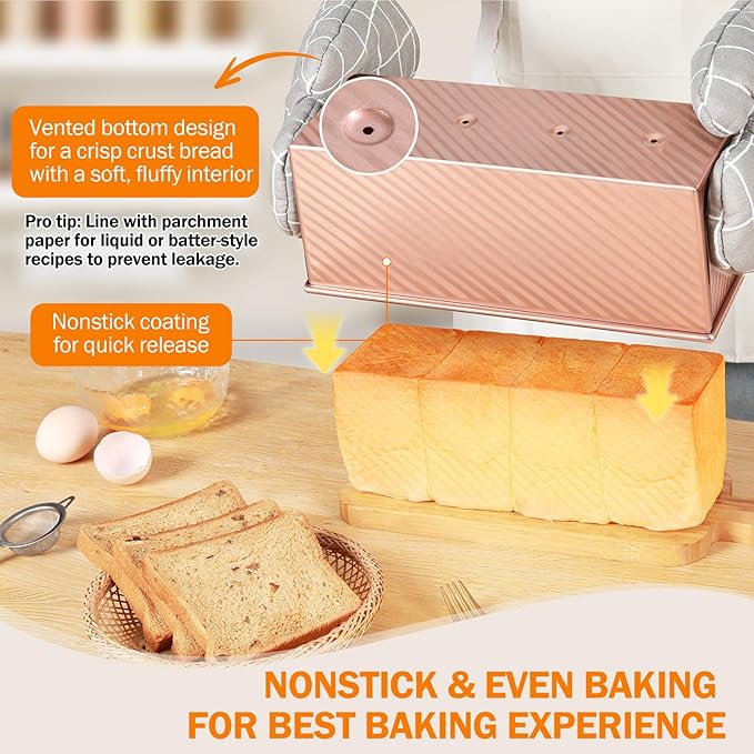 Pullman Loaf Pan with Lid, 13x4 inch, Premium 2.2LB Nonstick Sandwich Bread Loaf Pan for Homemade Sourdough Bread, Heavy Duty Carbon Steel Corrugated Toast Box with Cover for Baking, Bakeware