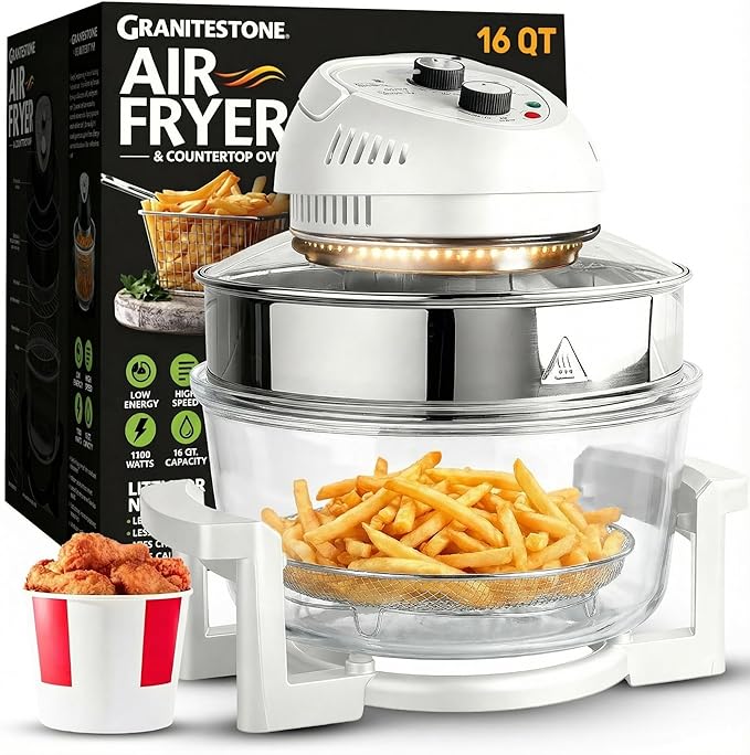 Granitestone 16Qt Large Glass Air Fryer Non Toxic – Family Sized Airfyrer Cooker with 3 Cooking Sections, Stainless Steel Racks, for French Fries, Chicken, No Preheat, Self Cleaning, Dishwasher Safe