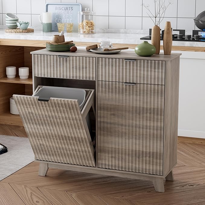 Double Tilt Out Laundry Hamper Cabinet, 20 Gallon Wooden Trash Can Cabinet with Drawers, Hidden Fluted Bathroom Storage Cabinet for Kitchen, Living Room (Wood Grey, 39.34"W x 35.83"H x 13"D)