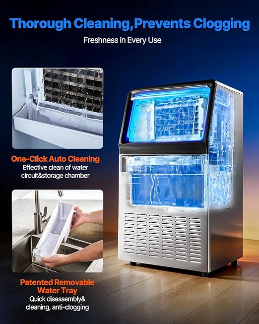 VEVOR Commercial Ice Maker Machine 120 lbs/24H, Under Counter Ice Maker with 33 lbs Storage Bin 45 Cubes in 8-10Mins, Stainless Steel &Freestanding Ice Machine with LED Display for Home Bar Cafe