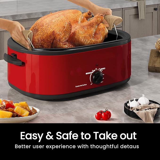 20Qt Roaster Oven Buffet with Self-Basting Lid, 1450W Stainless Steel Electric Turkey Roaster Oven with Cool-Touch Handles, Removable Pan and Rack, Red