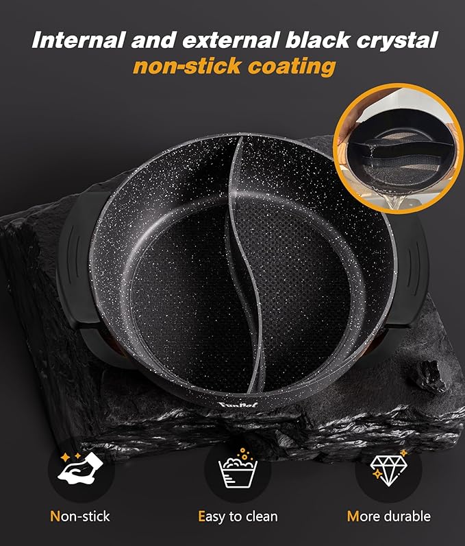 6L Dual-Sided Electric Hot Pot with Cool-Touch Handles, 1100W Adjustable Heat, Hexagonal Non-Stick Interior & Overheat Protection (Wraparound Black Handles)