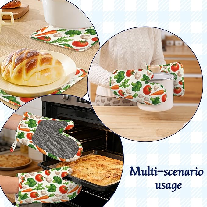 Vegetables Oven Mitts and Pot Holders Sets of 4 Tropical Tomato Carrot Heat Resistant Silicone Oven Mits Gloves Non-Slip Kitchen Mittens Potholders for Cooking Baking Grilling BBQ