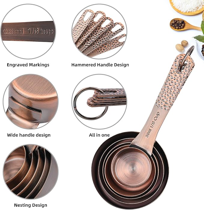 Measuring Cups and Spoons Set 12, Metric & US Copper Measuring Cups and Spoons Set for Kitchen and Baking, Dry & Liquid Metal Measure 5 Cups 6 Spoons With 1 Leveler
