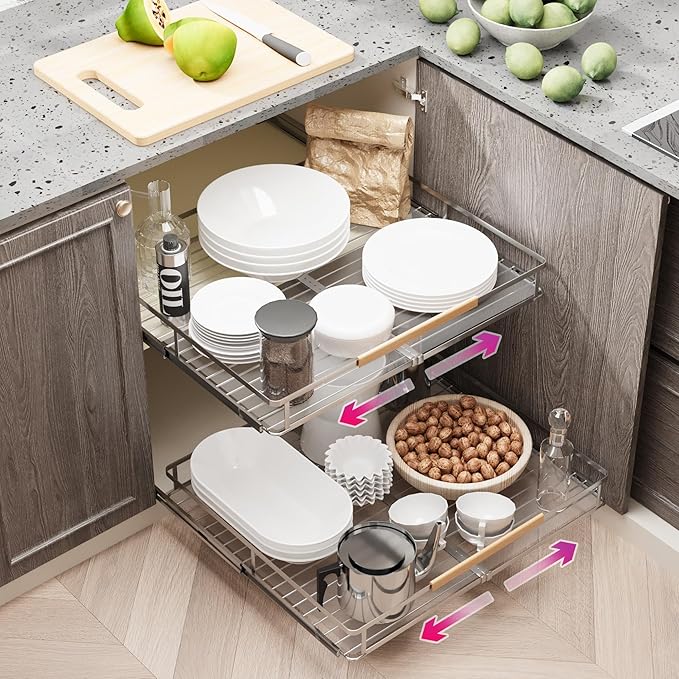 Pull Out Cabinet Organizer, Expandable(14.2"~24.4") Cabinet Drawers Slide Out, Adjustable Width Roll 0ut Shelf Cabinet Organizer for Kitchen Base Cabinet Organization (Medium, 1Pack)