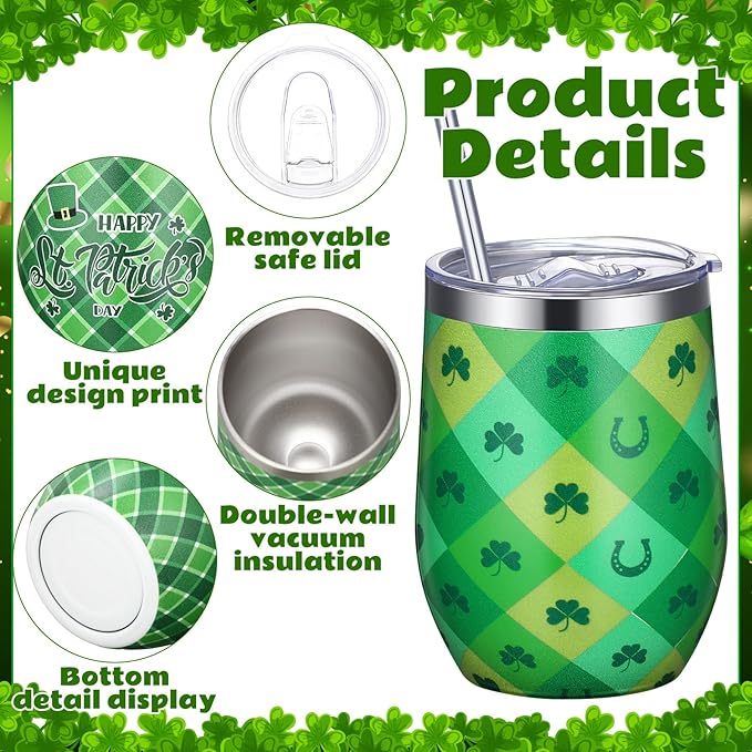 Patelai 30 Pcs Spring Picnic Party Favor Set Reusable Stainless Steel Tumblers with Lid Straw for Outdoor Camping 12oz Shamrock Cups for Wedding, Baby Shower Party Supplies, Employees (Green Clover)
