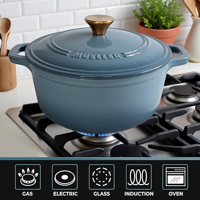 MUELLER HOME 6 Quart Enameled Cast Iron Pot Dutch Oven, Heavy-Duty, Oven-Safe up to 500° F & Across All Cooktops, Bread Pan with Lid & Knob, Cast Iron Cookware, Blue Kitchen Accessories, Mineral Blue