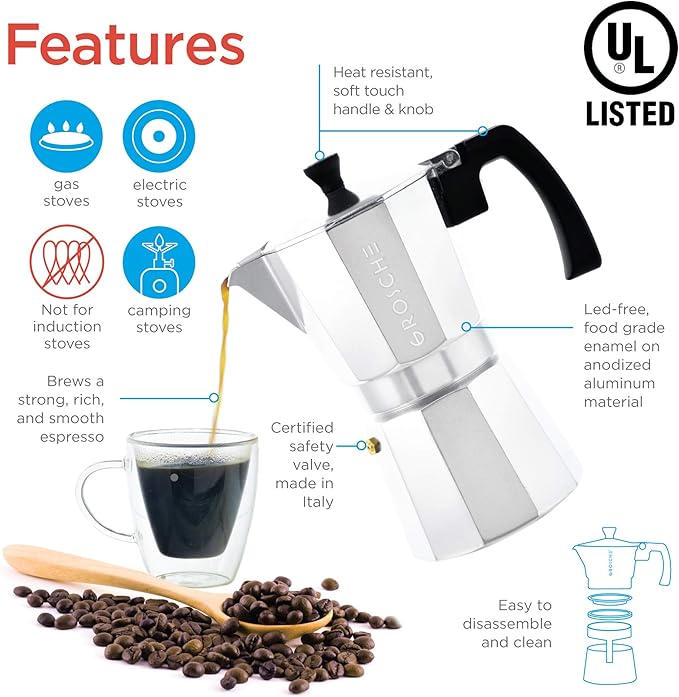 GROSCHE Milano Moka Pot | 6 Espresso Cup - 9.3 oz | Stovetop Espresso Percolator & Coffee Maker – Portable, Ideal for Home and Camping