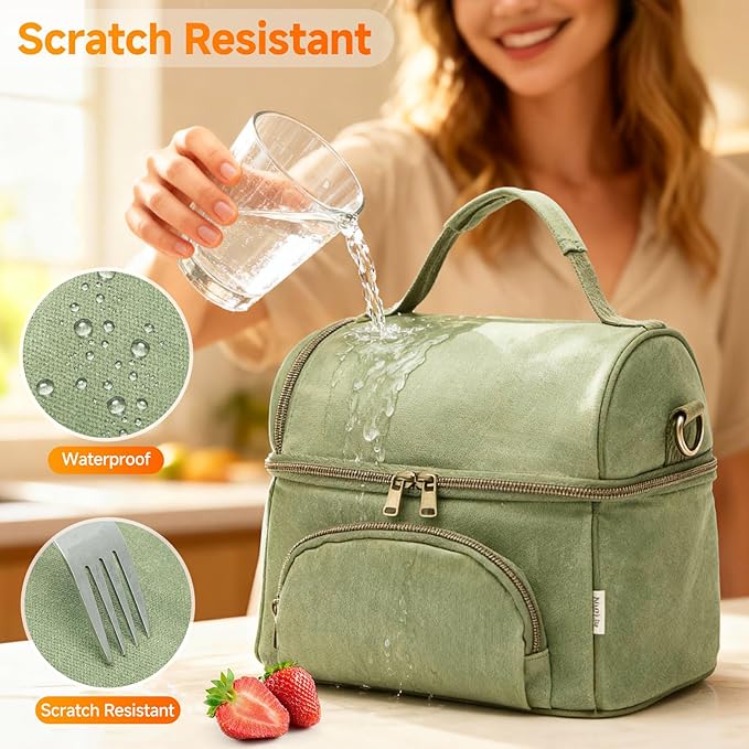 Lunch Box with Ice Packs, Waxed Canvas Lunch Bag for Men, 10.5L Leakproof Insulated Lunch Cooler for Men Work, Dual Compartment Soft Cooler for Work, Camping, Beach & Road Trips