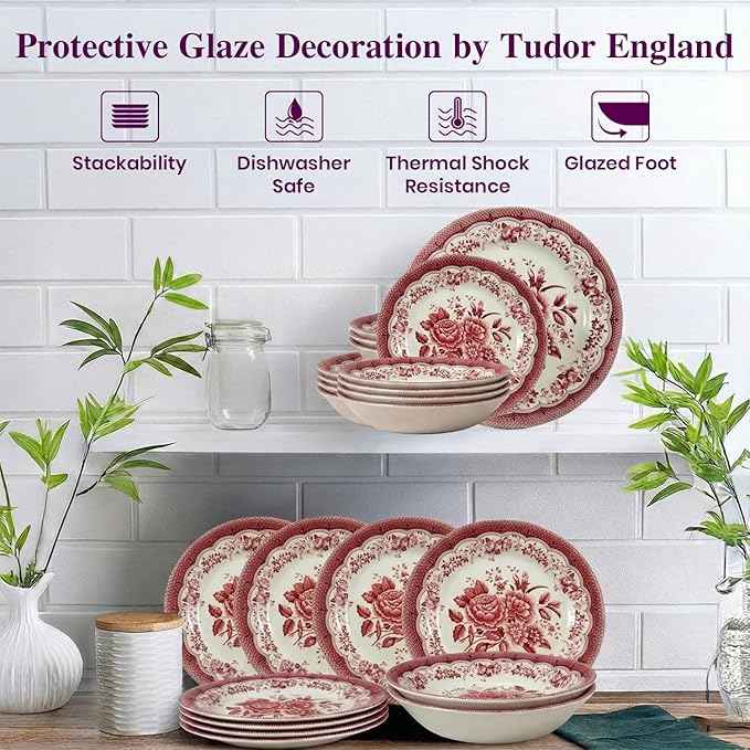 Tudor Royal 12-Piece Round Porcelain Dinnerware Set, Service for 4 - Victoria RED Design, Red Floral, Plates Bowls Dishes, Premium Quality Tableware, Unique Pattern, Glossy