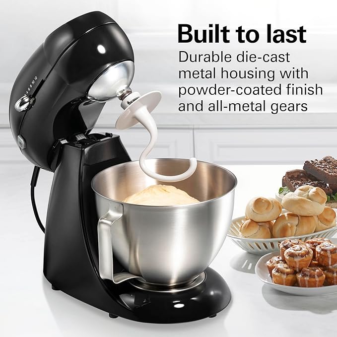 Hamilton Beach Die-Cast Metal Classic Electric Stand Mixer, 12 Speeds, 4.5-Quart Stainless Steel Bowl, Includes Flat Beater, Whisk, Dough Hook & Pour Shield, Powder-Coated Black Finish (63227N)