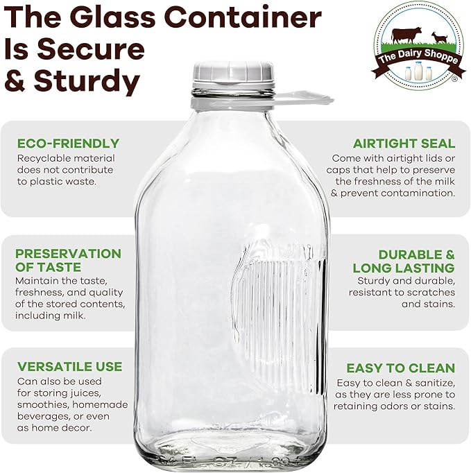 The Dairy Shoppe Heavy Glass Milk Bottles - Jugs with Lids and Silicone Pour Spouts - Clear Milk Containers for Fridge - Reusable Glass Milk Jug Dispenser - Made in USA (64 oz, 2 Pack)