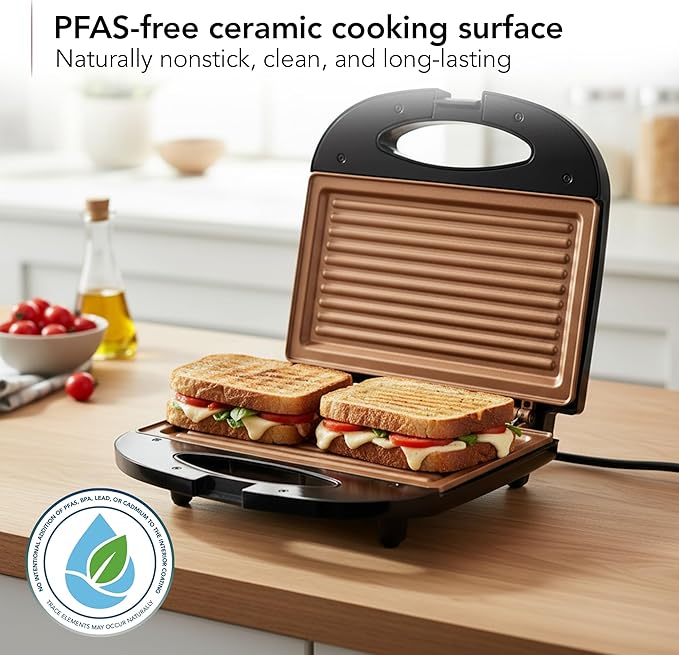 OVENTE Electric Panini Press Grill with Nonstick Plates, LED Indicator Lights, Thermostat Control, Compact Sandwich Maker Perfect for Cooking Breakfast, Steaks, Eggs Snacks & More, Copper GP0110CO