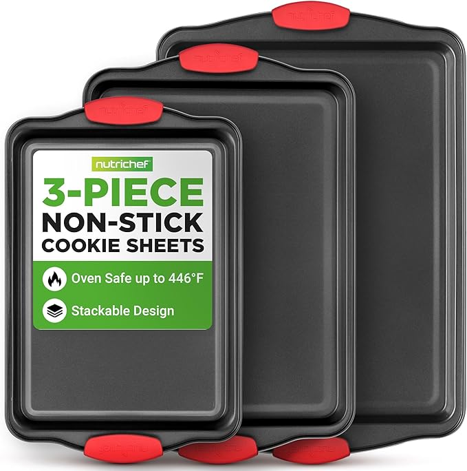 NutriChef 3-Piece Cookie Sheets for Baking, Non-Stick Baking Pans Set with Silicone Handles, Stackable Oven Trays in Small, Medium & Large Sizes for Professional and Everyday Use, 2026 Edition