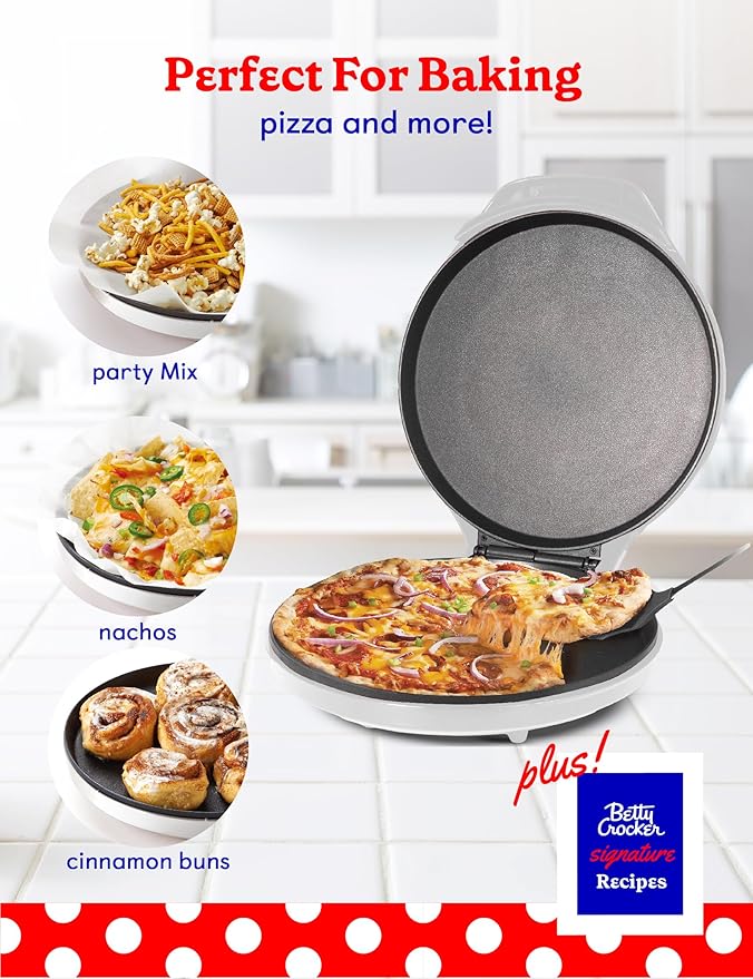 Betty Crocker Pizza Maker Plus, 12" Indoor Electric Grill, Nonstick Griddle Pan for Pizzas, Quesadillas, Tortillas, Nachos and more, 12" Electric Griddle for Delicious Meals and Snacks, White