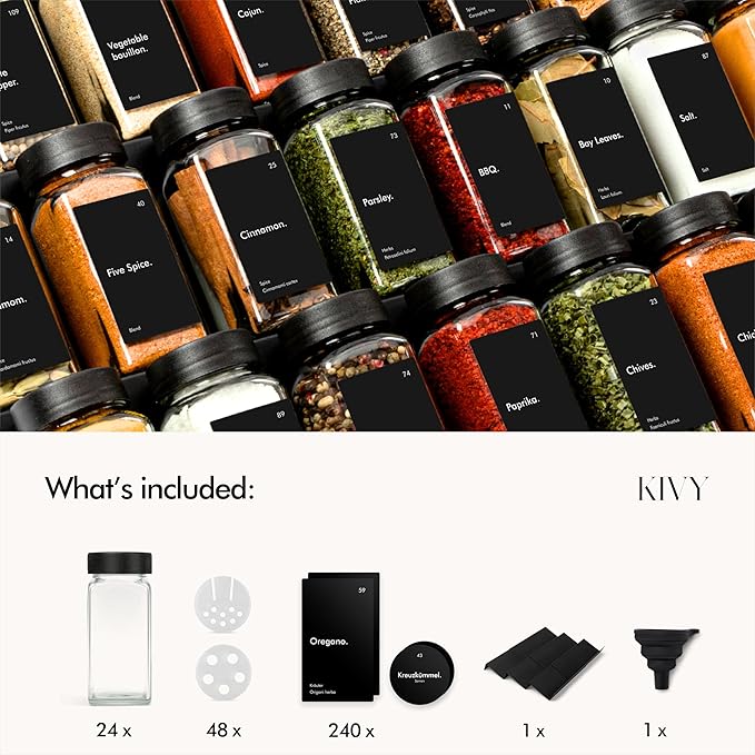 KIVY Spice Drawer Organizer with 24 Spice Jars & 240 Labels - Seasoning Rack for Organization - Kitchen Drawer Insert for Spice Jars - Glass Seasoning Jars with Airtight Lids - Glass Spice Jars Empty
