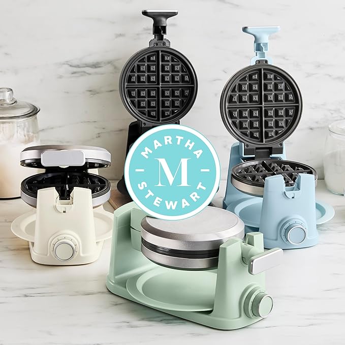 Martha Stewart Rotating Waffle Maker, 180° Flip Iron with PFAS-Free Nonstick Plates, Adjustable Timer, Ready Light, Drip Tray, Space Saving, Classic Round 7”, Easy to Clean, Stainless Steel, Indigo