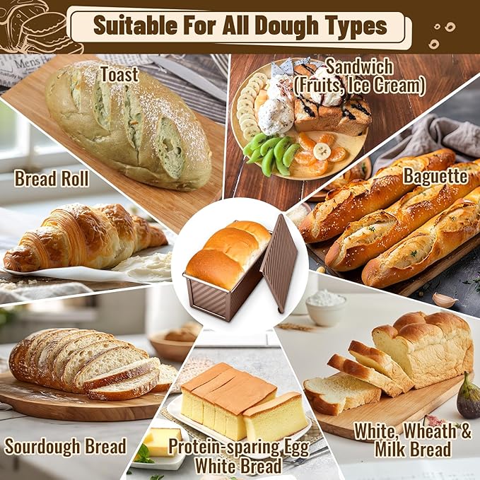 3 Pack Pullman Loaf Pans with Lids, 2.2LB 1LB 0.5LB Bread Pans, Non-stick Carbon Steel Bread Pans for Homemade Sandwich and Baking Sourdough Bread, Corrugated Toast Mold, Golden