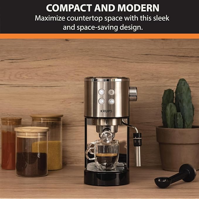 KRUPS Stainless Steel Espresso Machine: 15-Bar Pump Pressure, Milk Frother for Cappuccino and Latte, Fast Pre-Heat, 2-Cup Capacity, Cup Warmer, Easy Cleaning, 1350W, Silver