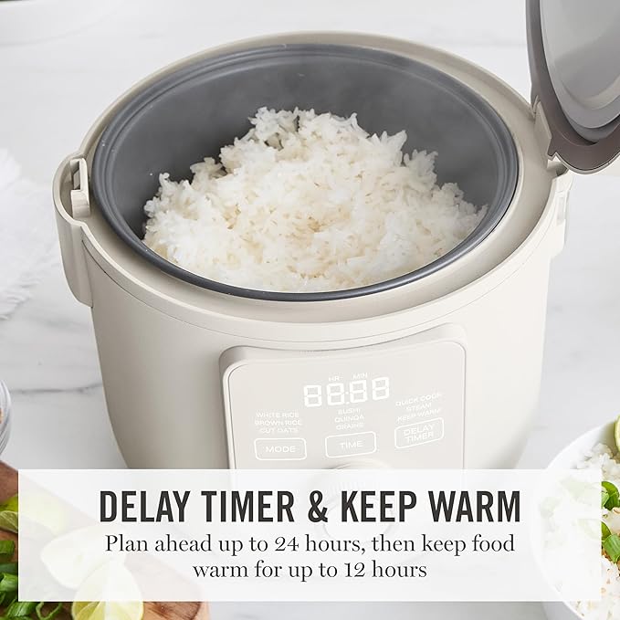 Martha Stewart Rice Cooker, 4 Cup (Uncooked) / 8 Cup (Cooked), Ceramic Non-Stick Removable Pot, Keep Warm, Measure Markings, Steam Basket, Brown & Sushi Rice, Quick Cook, Quinoa, Grains, Oats, Linen White