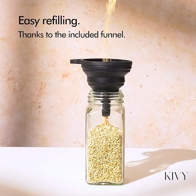 KIVY Glass Spice jars with Label & Shaker Lids [24x 4oz] Airtight Seasoning Containers for Cabinet & Drawer - Empty Spice Bottles - Spice containers with labels - Black spice jars with black lids